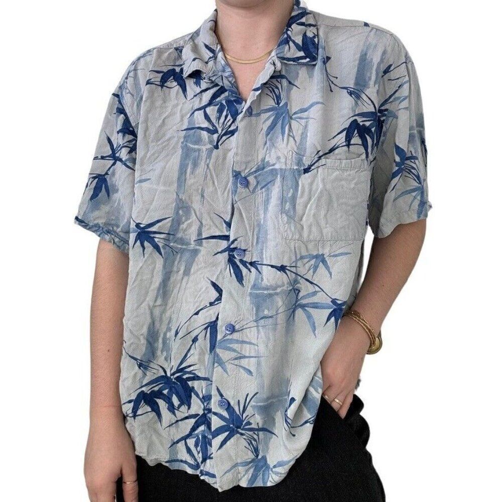 Vintage Jams World Womens Blue Tropical Palm Tree Hawaiian Button Down Sz XL